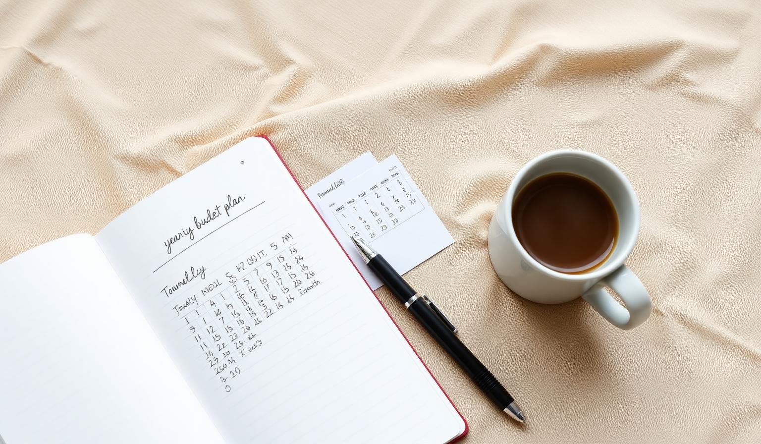 Carnet et calendrier ouverts pour planifier un budget annuel